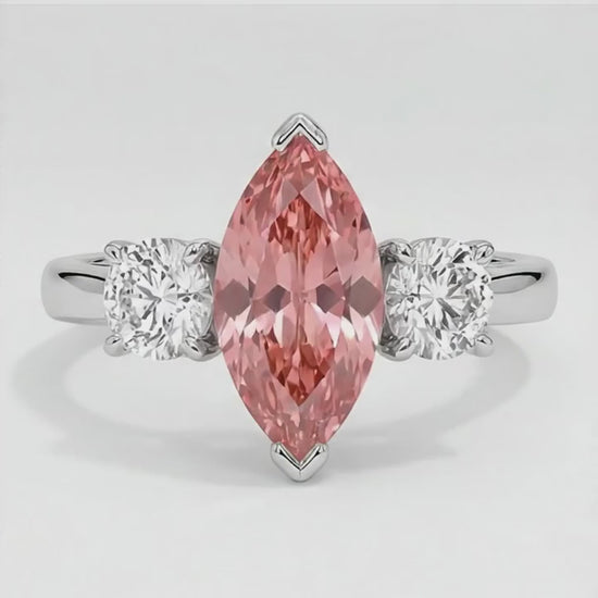 Marquise Padparadscha and White Diamond Three Stone Ring Natural Platinum
