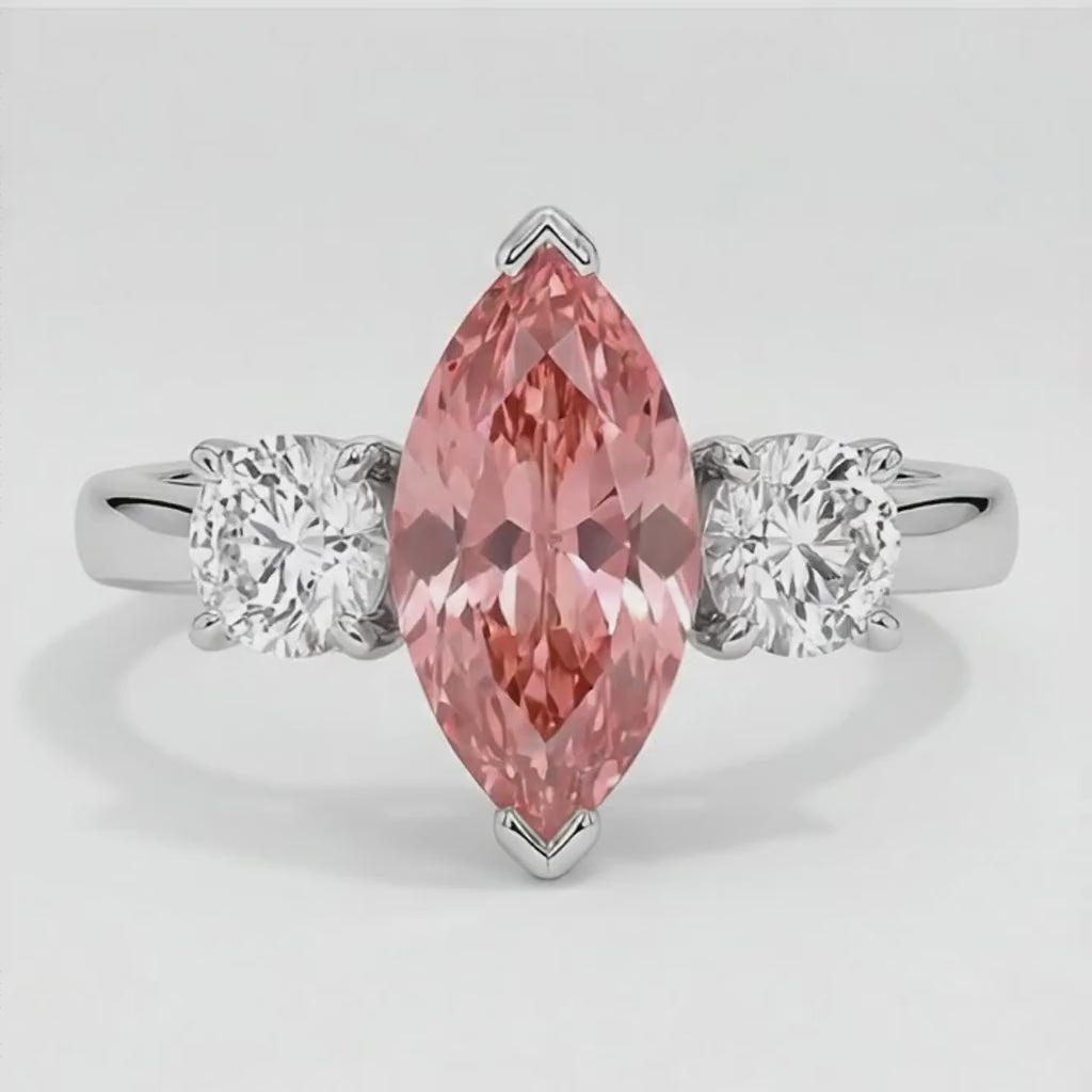 Marquise Padparadscha and White Diamond Three Stone Ring Natural Platinum
