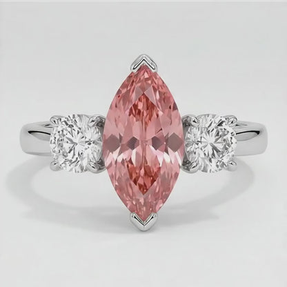 Marquise Padparadscha and White Diamond Three Stone Ring Natural Platinum