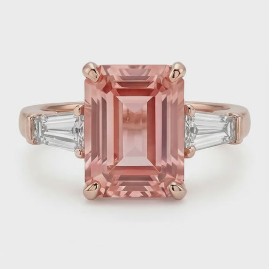 Emerald Lab Grown Padparadscha and Lab Grown Diamond Three Stone Ring 14K Rose Gold