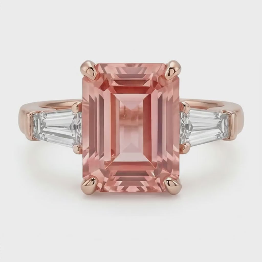 Emerald Lab Grown Padparadscha and Lab Grown Diamond Three Stone Ring 14K Rose Gold