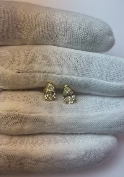 2 Carat Pear Cut Diamond Stud Earrings Yellow Gold Pushback