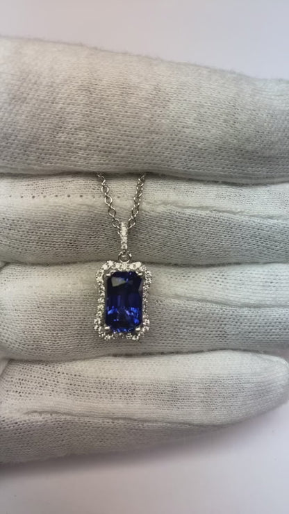 Emerald Ceylon Sapphire & Round Natural Earth Mined Diamond Halo Pendant Gold 5.75 Carats