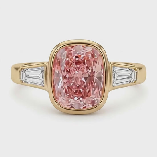 Cushion Padparadscha Bezel Three Stone Ring Natural 14K Yellow Gold