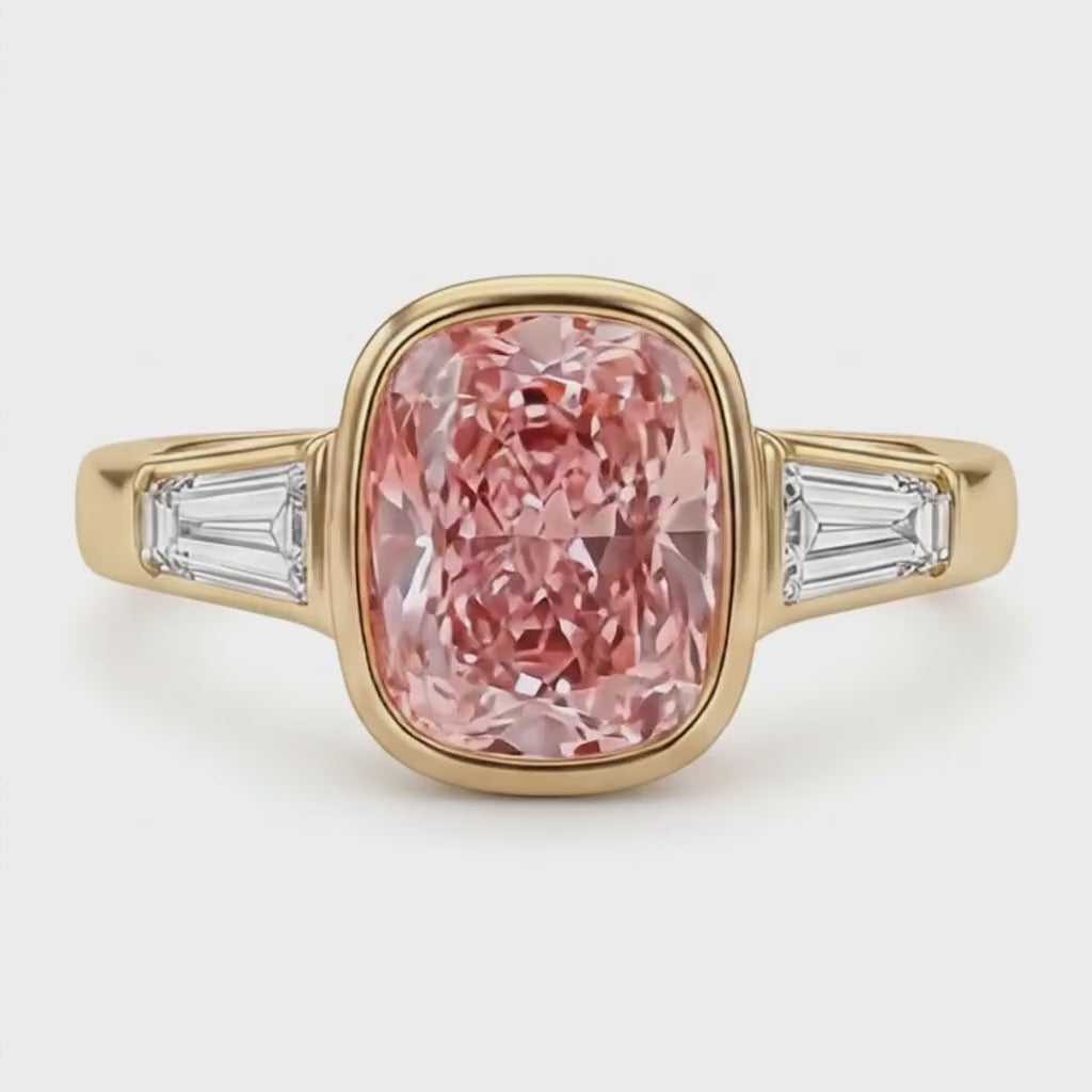 Cushion Padparadscha Bezel Three Stone Ring Natural 14K Yellow Gold