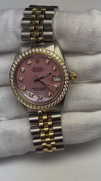 Rolex Datejust Pink Mother Of Pearl Diamond Dial 31 mm Two Tone Watch