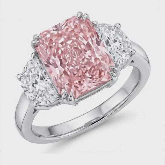 6 Carat Radiant Pink Lab Grown Diamond and White Diamond Three Stone Ring 14K White Gold