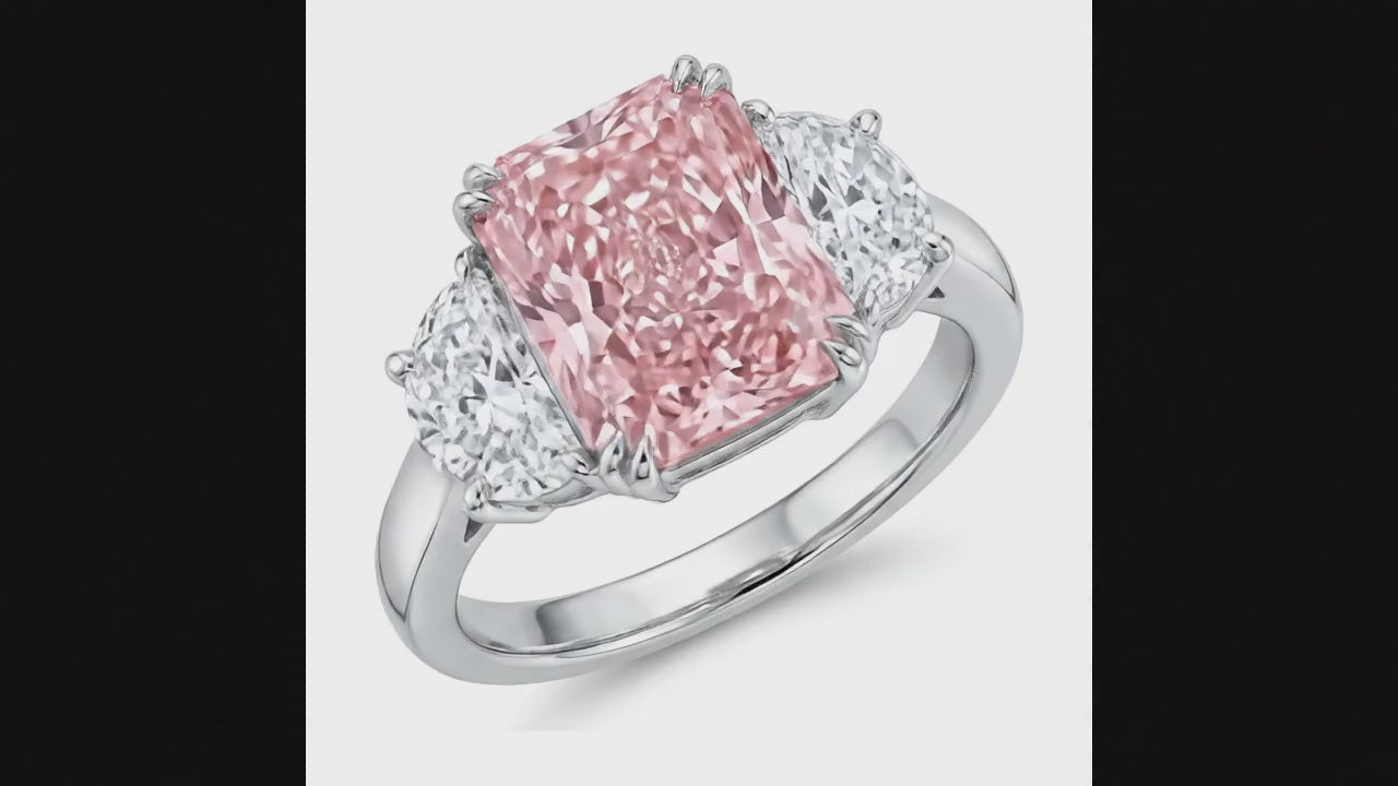 6 Carat Radiant Pink Lab Grown Diamond and White Diamond Three Stone Ring 14K White Gold