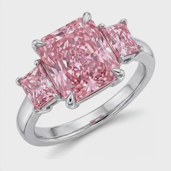 5.5 Carat Radiant Pink Lab Grown Diamond and White Diamond Three Stone Ring 14K White Gold
