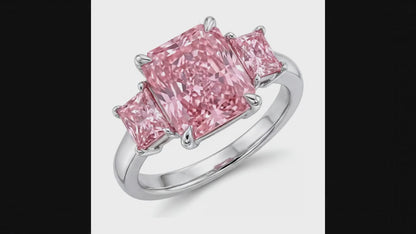 5.5 Carat Radiant Pink Lab Grown Diamond and White Diamond Three Stone Ring 14K White Gold
