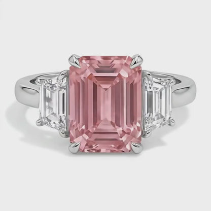 Emerald Lab Grown Padparadscha and Lab Grown Diamond Three Stone Ring 14K White Gold
