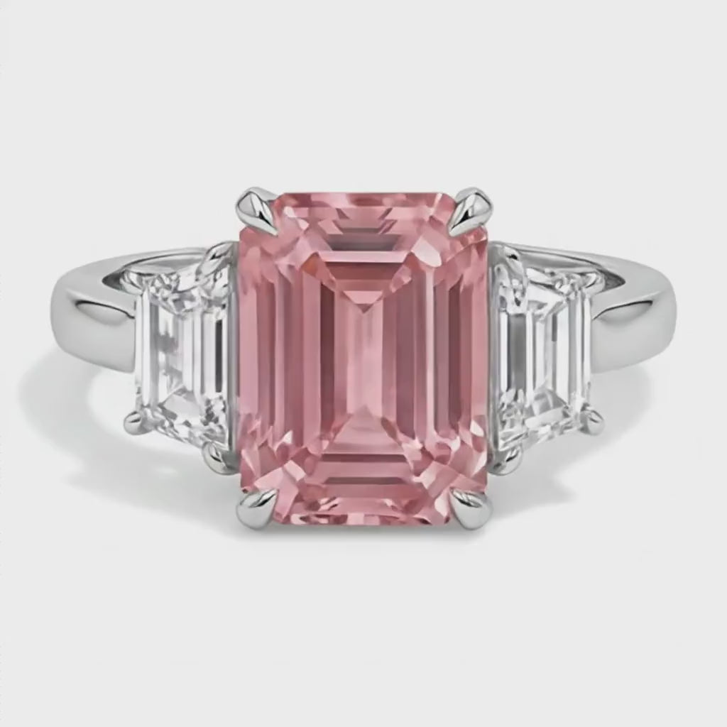 Emerald Lab Grown Padparadscha and Lab Grown Diamond Three Stone Ring 14K White Gold