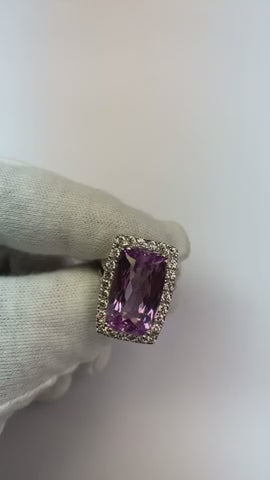 Cushion Cut Pink Kunzite 24.50 Ct Natural Earth Mined Diamond Ring White Gold Lady Jewelry