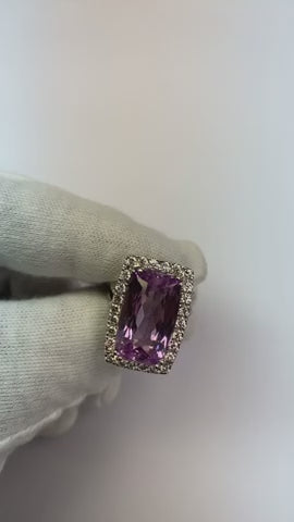 Cushion Cut Pink Kunzite 24.50 Ct Diamond Ring White Gold Lady Jewelry