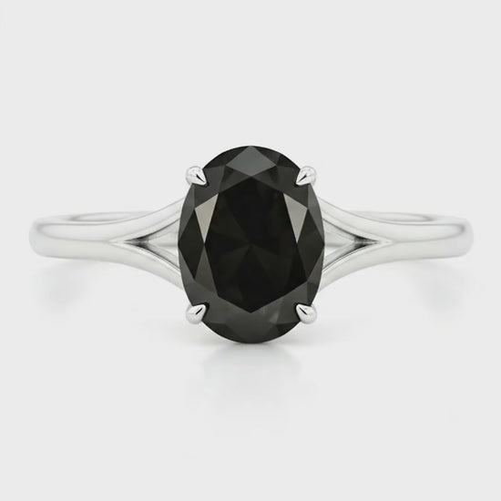 Oval Black Diamond Cathedral Solitaire Ring Natural 14K White Gold
