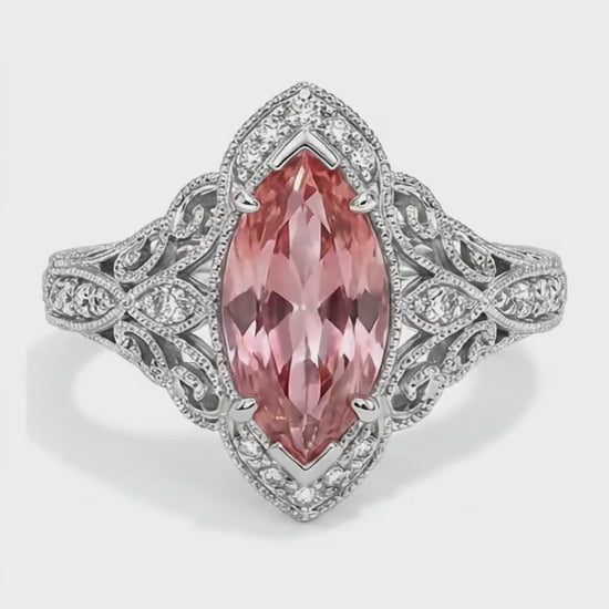 Marquise Padparadscha and White Diamond Halo Ring Natural 14K White Gold