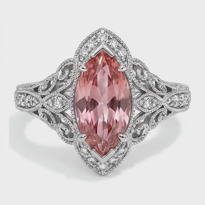 Marquise Padparadscha and White Diamond Halo Ring Natural 14K White Gold
