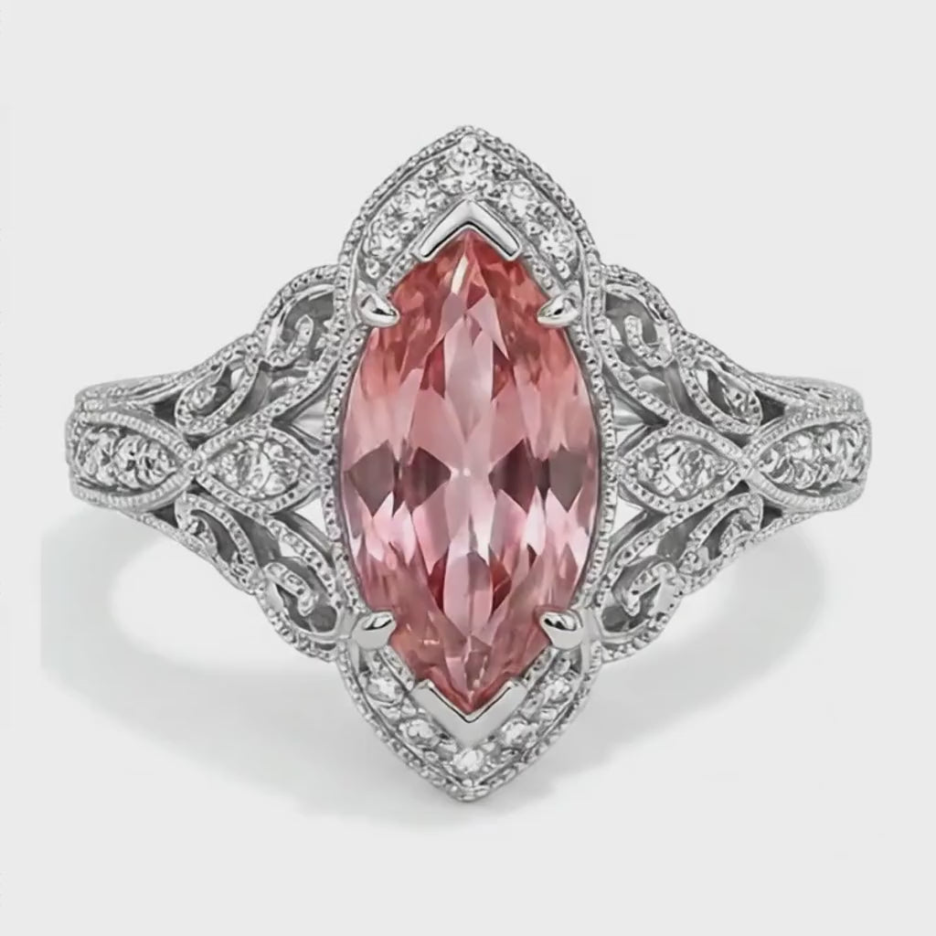 Marquise Padparadscha and White Diamond Halo Ring Natural 14K White Gold
