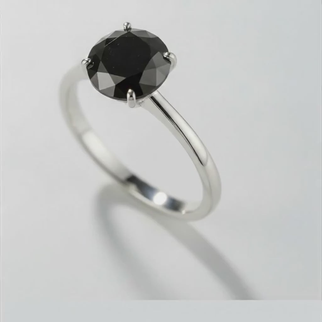 1.5 Carat Round Black Diamond Solitaire Ring Natural 14K White Gold
