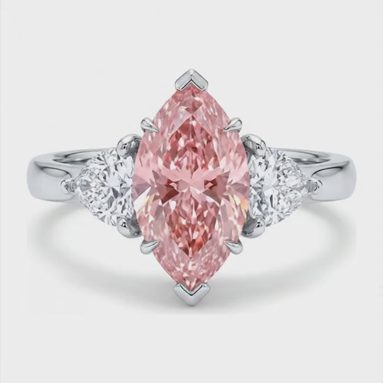 3.5 Carat Marquise Pink Lab Grown Diamond and White Diamond Three Stone Ring 14K White Gold