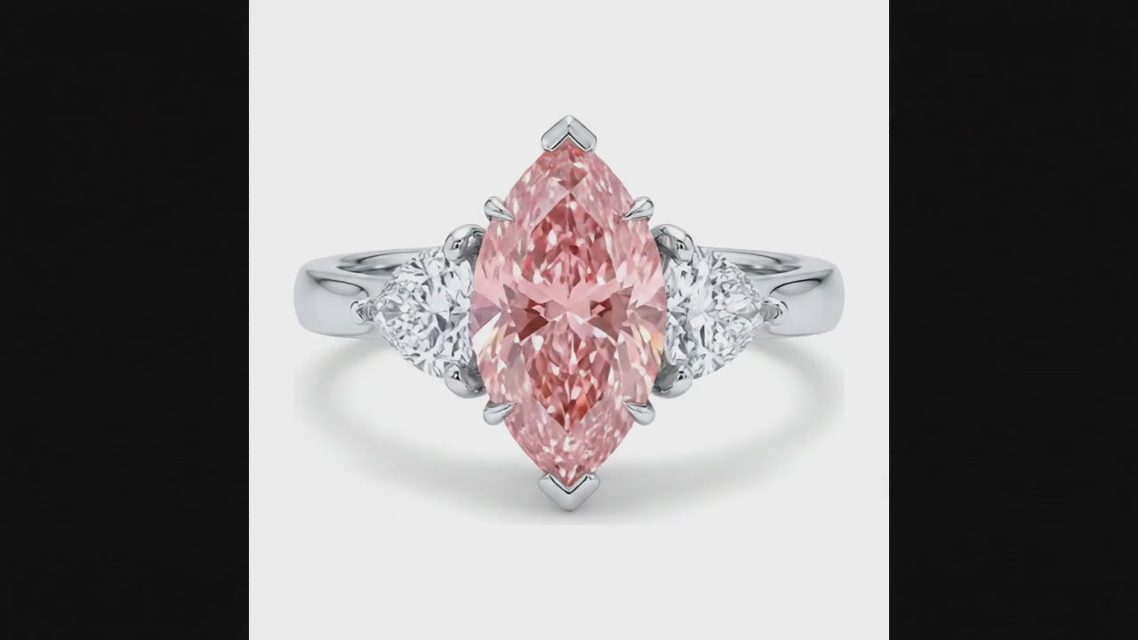 3.5 Carat Marquise Pink Lab Grown Diamond and White Diamond Three Stone Ring 14K White Gold