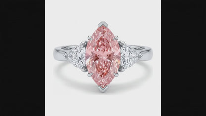 3.5 Carat Marquise Pink Lab Grown Diamond and White Diamond Three Stone Ring 14K White Gold