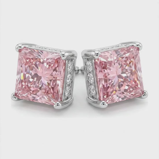 5 Carat Princess Pink Lab Grown Diamond and White Diamond Solitaire Earrings 14K White Gold