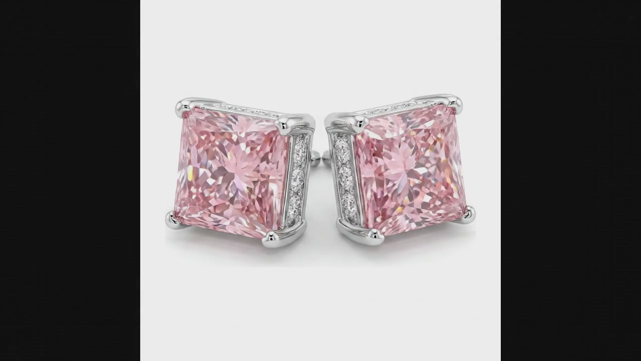 5 Carat Princess Pink Lab Grown Diamond and White Diamond Solitaire Earrings 14K White Gold