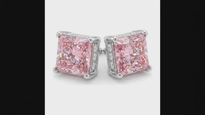 5 Carat Princess Pink Lab Grown Diamond and White Diamond Solitaire Earrings 14K White Gold