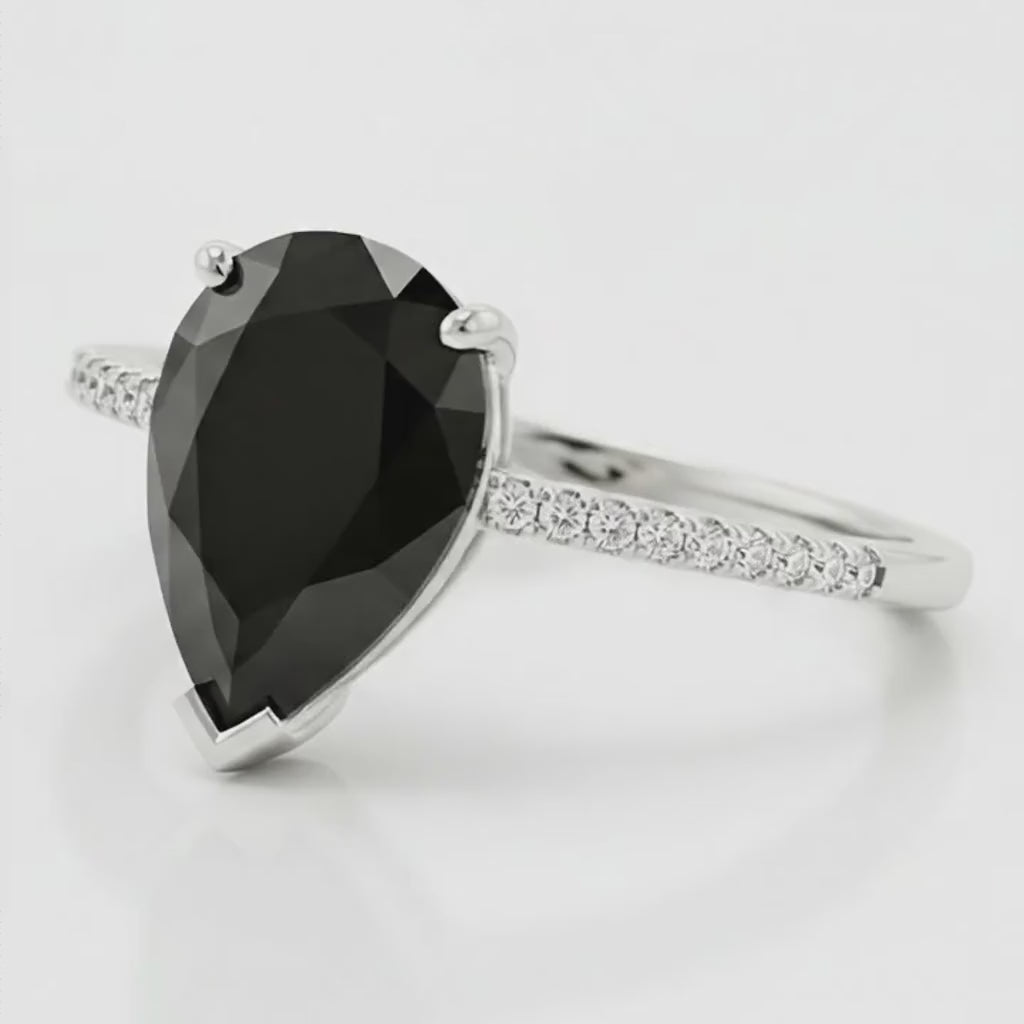 2 Carat Pear Black Diamond Solitaire Ring Natural 14K White Gold