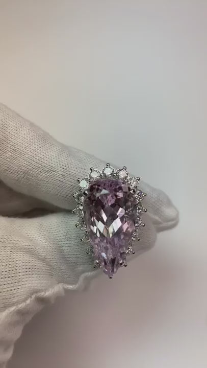 21.75 Carats Pear Kunzite With Round Natural Earth Mined Diamonds Ring White Gold 14K