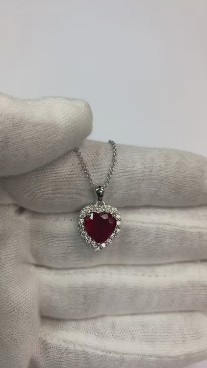 White Gold Heart Cut Red Ruby & Natural Earth Mined Diamond Necklace Pendant 2.70 Carats