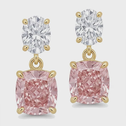 Pink Diamond Drop Earrings 4 Carat Lab Grown Cushion Oval Tops 14K Yellow Gold