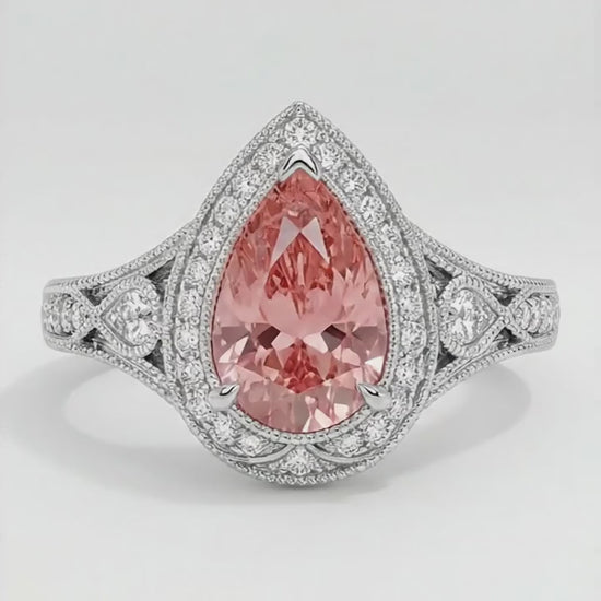 Pear Padparadscha and White Diamond Vintage Halo Ring Natural 14K White Gold