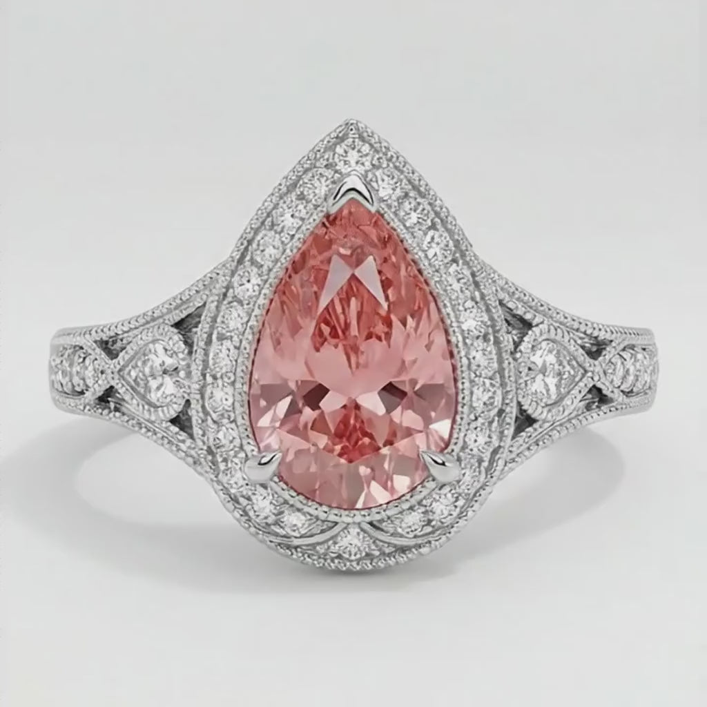 Pear Padparadscha and White Diamond Vintage Halo Ring Natural 14K White Gold