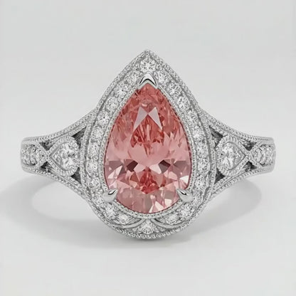 Pear Padparadscha and White Diamond Vintage Halo Ring Natural 14K White Gold