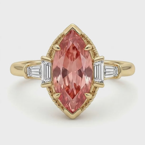 Marquise Lab Grown Padparadscha and Lab Grown Diamond Three Stone Ring 14K Yellow Gold