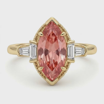Marquise Lab Grown Padparadscha and Lab Grown Diamond Three Stone Ring 14K Yellow Gold
