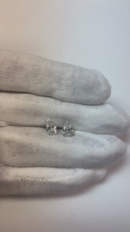 Old Miner Pear Stud Earth Mined Diamond Earrings 2 Carats White Gold