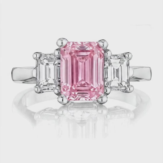 2.5 Carat Emerald Pink Lab Grown Diamond and White Diamond Three Stone Ring 14K White Gold