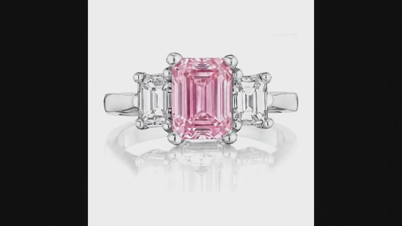 2.5 Carat Emerald Pink Lab Grown Diamond and White Diamond Three Stone Ring 14K White Gold