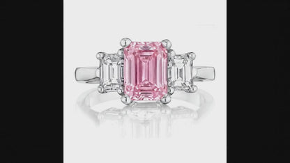 2.5 Carat Emerald Pink Lab Grown Diamond and White Diamond Three Stone Ring 14K White Gold