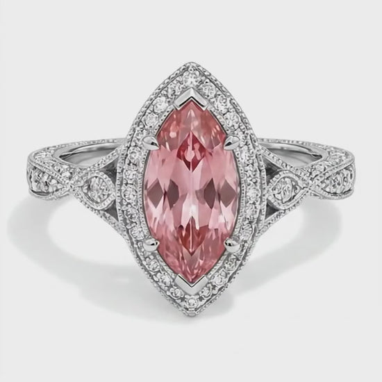 Marquise Padparadscha and White Diamond Halo Ring Natural 14K White Gold