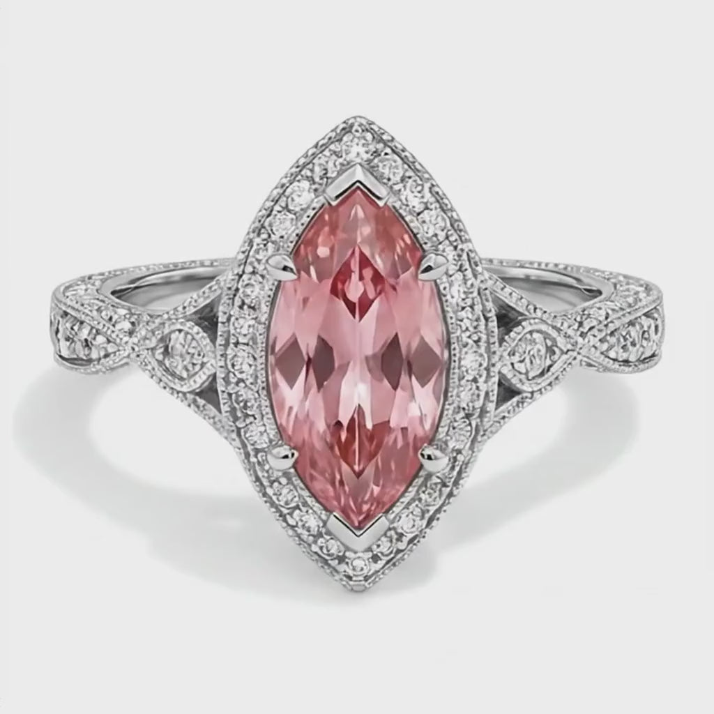 Marquise Padparadscha and White Diamond Halo Ring Natural 14K White Gold