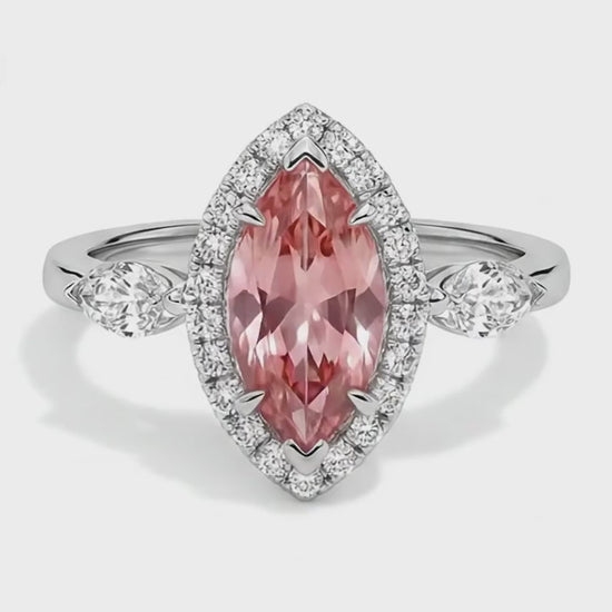 Marquise Padparadscha and White Diamond Halo Ring Natural 14K White Gold