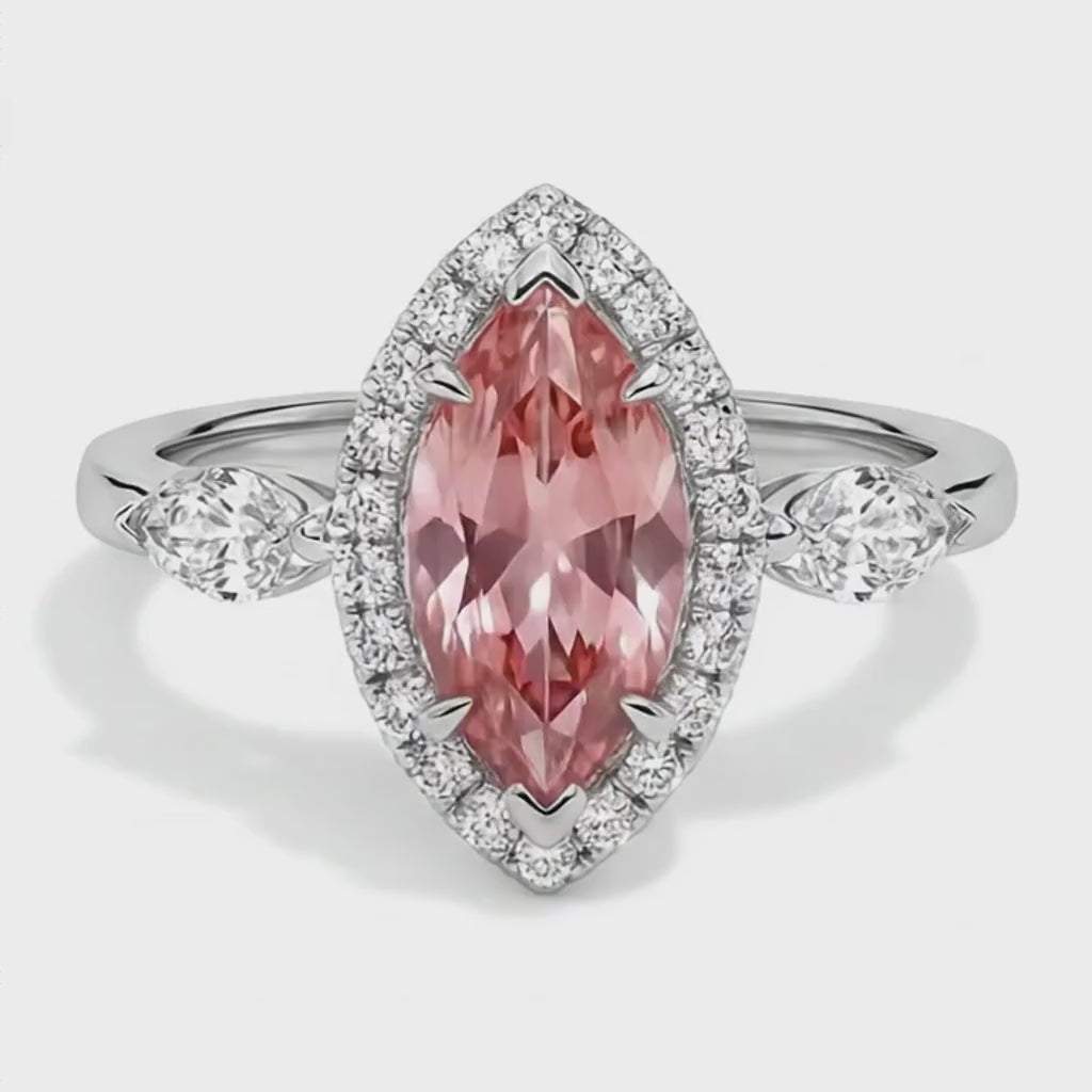 Marquise Padparadscha and White Diamond Halo Ring Natural 14K White Gold