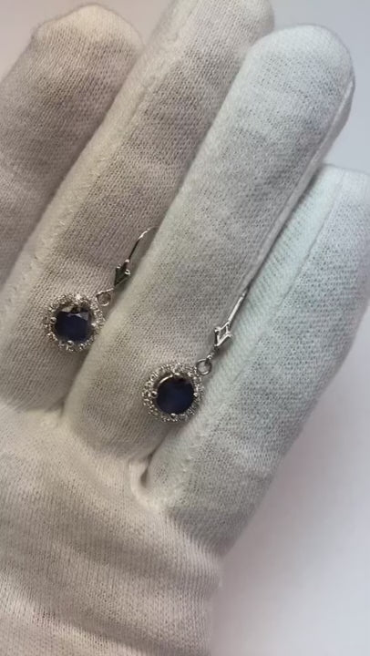 2.30 Carats Round Ceylon Sapphire And Natural Earth Mined Diamond Cluster Earring