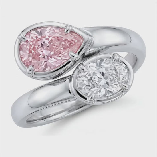 1.75 Carat Oval Pink Lab Grown Diamond and White Diamond Bypass Ring 14K White Gold