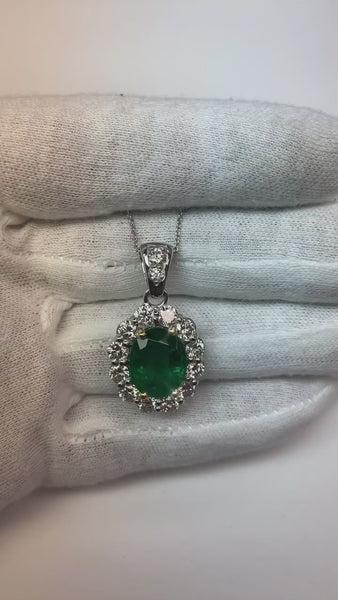 Green Emerald With Diamond Gemstone Pendant Necklace 7.85 Carat WG 14K