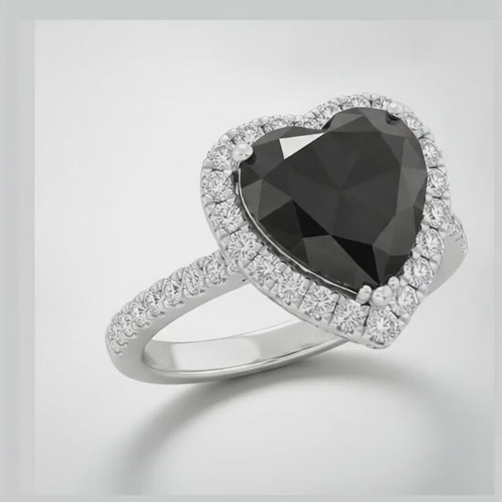 Heart Cut Black Diamond and White Diamond Halo Ring Natural 14K White Gold